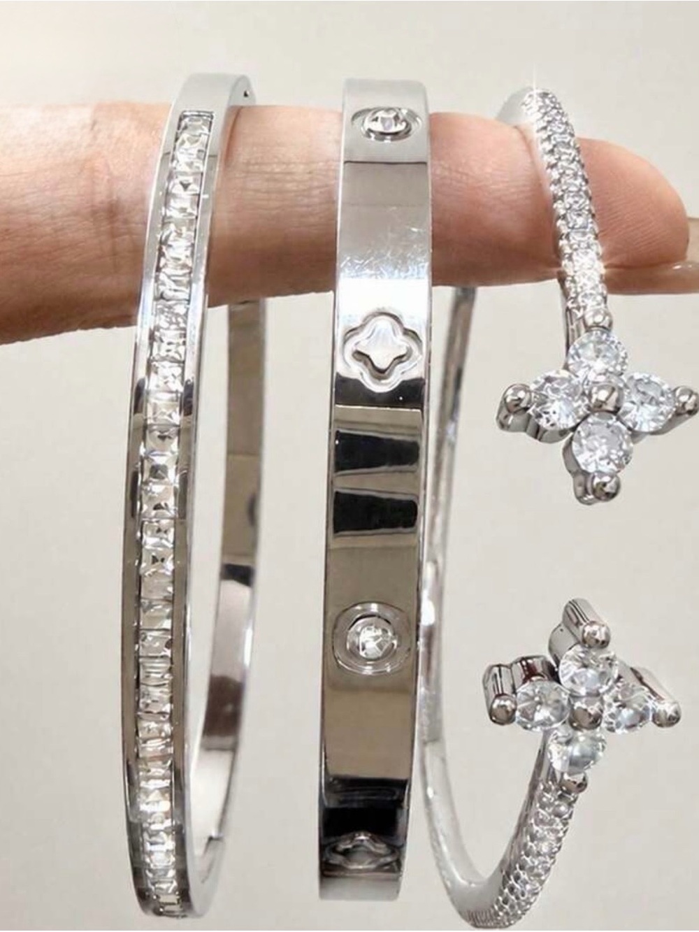 Silver Crystal Three-Piece Bangle Set - Polished Silver Bracelets